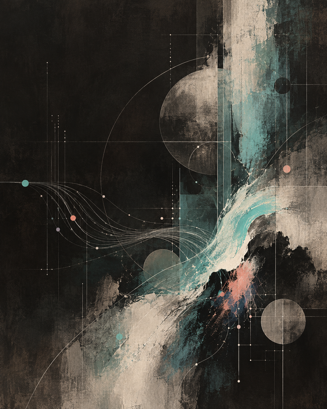 Abstract composition combining painterly teal, charcoal and coral gestures with precise geometric lines